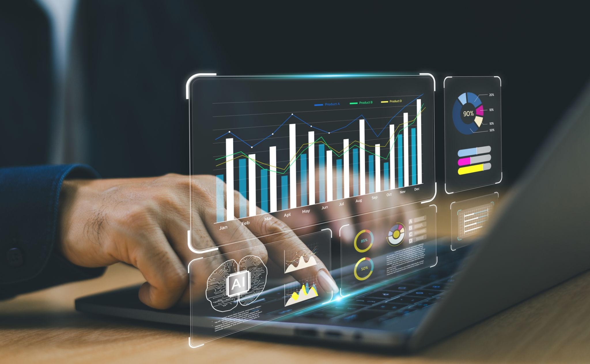 AI-powered analytics dashboard showing growth metrics on a laptop
