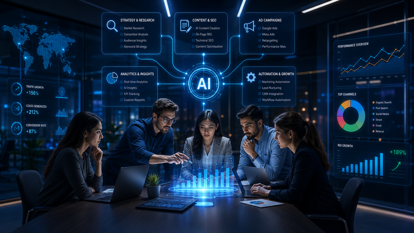 Marketing automation workflow diagram showing connected AI nodes