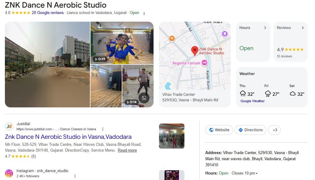 ZNK Dance N Aerobic Studio Google Business Profile showing 4.8 star rating and 20 Google reviews after recovery by AmplifyKlicks