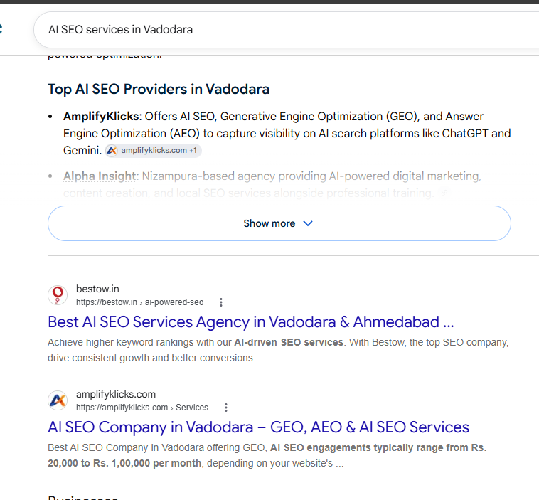 Google results for the search AI SEO services in Vadodara, with an AI-generated list of top AI SEO providers naming AmplifyKlicks first and the AmplifyKlicks AI SEO services page appearing in the organic results