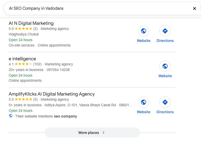 Google Map Pack results for the search AI SEO Company in Vadodara, with AmplifyKlicks AI Digital Marketing Agency listed third with a 5.0 rating from 5 Google reviews