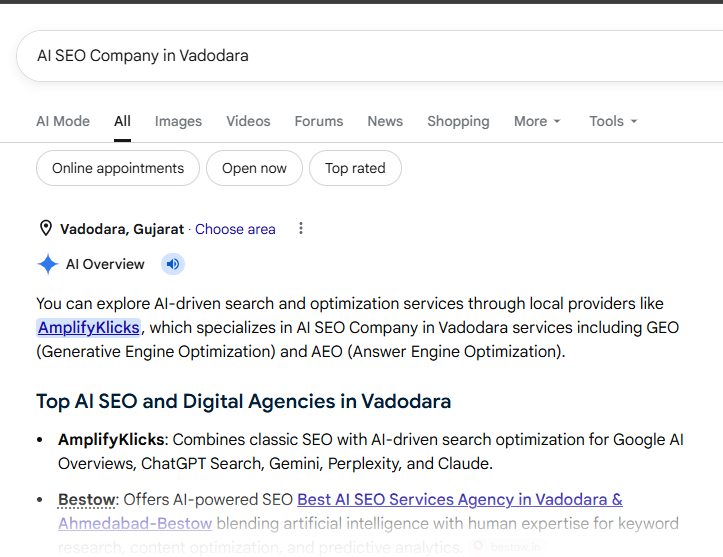 Google AI Overview for the search AI SEO Company in Vadodara naming AmplifyKlicks first among AI SEO and digital agencies